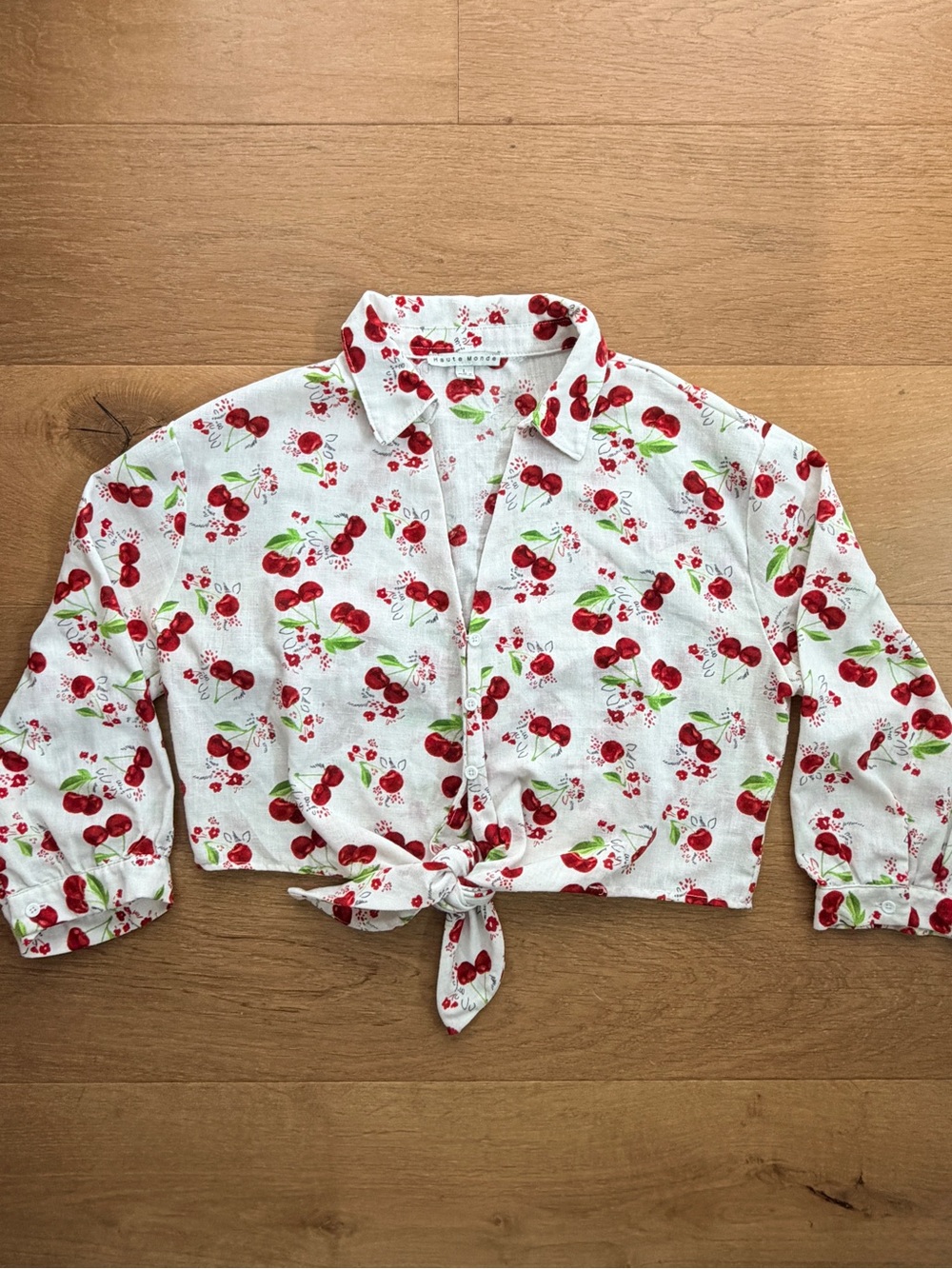 Haute Monde Cherry Print Linen-Look Long Sleeve Button Down Tie-Front Shirt L